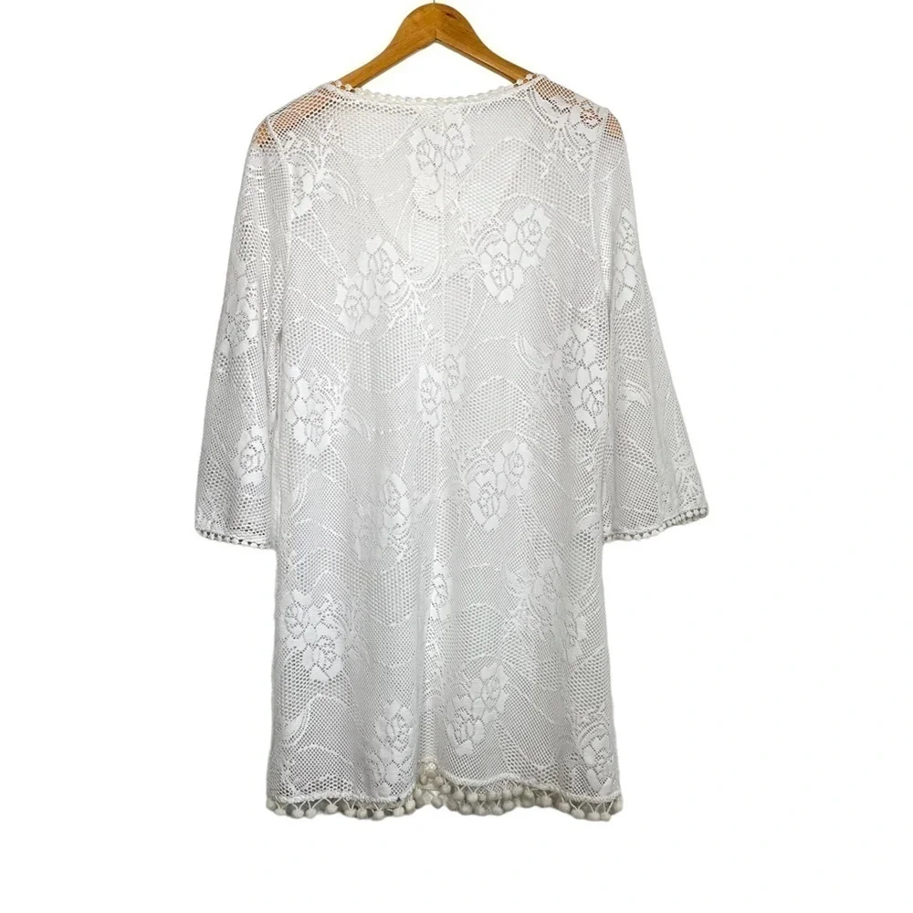 En Creme Womens Lace Swim Coverup Dress Sz Large White Bobble Trim